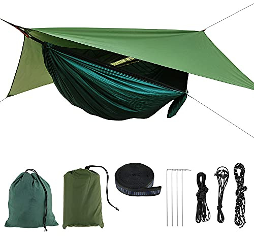 Hamaca de mosquitera con protección contra la lluvia, hamaca transpirable resistente, impermeable, resistente al viento, cama colgante portátil para camping y senderismo (A)
