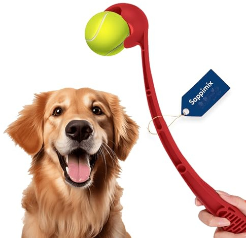 SappiMix Lanciatore per cani di alta qualità, 1 palla da tennis, 1 palla per la cura dei denti, impugnatura ergonomica, dimensione della palla da 6,5 cm, protegge la schiena e le spalle