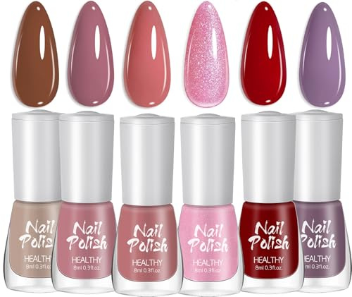 Nail Polish Set,Nude Pink Red Nail Varnish Kit,Quick Dry Long Lasting Nail Varnish Collection, Nail Polish Gift Set for Women, 6 Trendy Colours for DIY Manicure & At-Home Nail Art