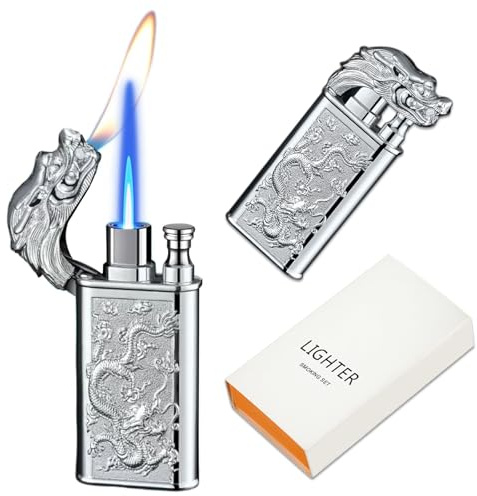 CYJBAO Feuerzeug - Sturmfeuerzeug mit edlem Drachen-Relief, verstellbare Stichflamme & weiche Flamme, nachfüllbares Butanfeuerzeug für Kerzen, Küche & Camping (ohne Gas) - Silber-EIS