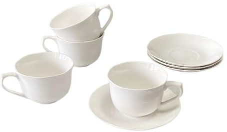 8 Ounce (240ml) Porcelain Cappuccino Cups with Saucers, Set of 4, Perfect for Specialty Coffee Drinks, Latte, Cafe Mocha and Tea, Milk, Cocoa, White