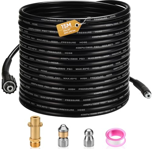 CAROD Rohrreinigungsschlauch 15m, mit M22 Adapter, Düsen starr + rotierend, 400Bar/60°C Hochdruckschlauch Geeignet für Kränzle Kärcher K2-K7 Rohrreinigungsset