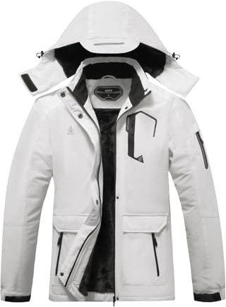 ASPO Women's Waterproof Ski Jacket Warm Winter Snow Coat Hooded Snowboard Windbreaker Fleece Lined Mountain Raincoat Hiking White M