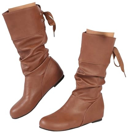 Xbemkste stövlar dam platta läderstövlar vida stövlar eleganta medelhöga stövlar slouchy stövlar vattentäta kort skaft stövlar bekväma halvstövlar slip-stövlar, BRUN, 37 EU