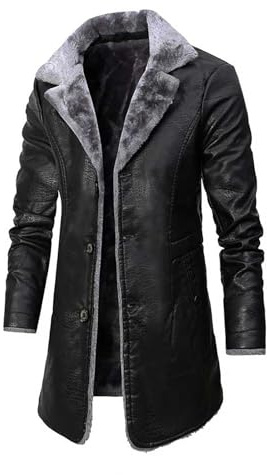 Abrigo de cuero para hombre, largo, gabardina con cuello de piel, abrigo de entretiempo, chaqueta de cuero vintage, chaqueta de invierno gruesa, abrigo de hombre de negocios, cuello de solapa, abrigo