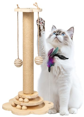 Mocifa 4-in-1 Katzenkratzbaum Klein Holz, Kratzsäule Katze, 50 x 25 cm | Interaktives Katzenspielzeug Kratzbaum, Sisal Kratzpfosten, für Katzen Katzenkratzbaum, mit Holzkugeln, Sisalkugeln, Federn