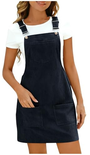 Women's Corduroy Overall Dresse Casual Pinafore Dress Square Neck Solid Pocket Front Wide Straps Short Dungarees Sleeveless Vintage Mini Dress Navy