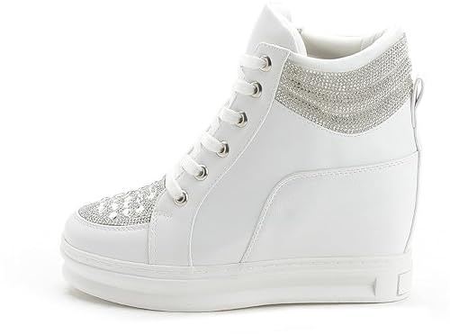 Sneakers da Donna con Zeppa Integrata e Decorazioni Scintillanti in Strass, Sneakers Alte, Suole Spesse, Scarpe da Ginnastica comode, Sneakers alla Moda, Scarpe da Trekking Casual (Bianco A,37)