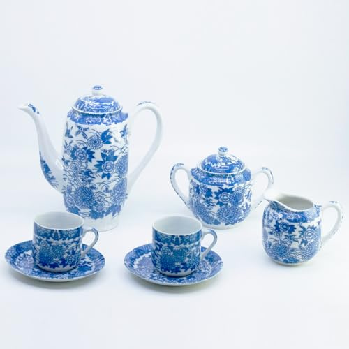 MARY G Juego de Café en Porcelana Japonesa, 29 Piezas, Diseño Floral Azul y Blanco, Incluye Cafetera, Azucarero, Lechera, 12 Tazas y Platillos, Modelo 291252