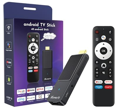 GREVA TV Stick Android 4K Ultra HD Streaming Dispositivo, Android 14.0 TV Stick Box 2GB 16GB HDR/AV1/2.4G/5G WiFi/BT 5.0, 3D HD Smart Box Streaming Media Player con asistente de control remoto por voz