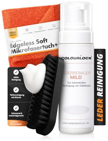 Lederreiniger Set: Colourlock Lederreiniger mild im Schaumspender 200ml + Leder & Textilbürste + chemicalworkz Edgeless Soft Touch Towel 500GSM 40×40 | schonend & mild für Glatt- & Neuleder | 3-teilig