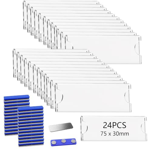 Huwaovi 24 Piezas Placas Identificativas para Ropa 75x30mm, Etiquetas de Nombre de Acrílico Transparente con Imán de Neodimio, Reutilizables Placas de Nombre para Ropa, Oficina, Escuela y Conferencias