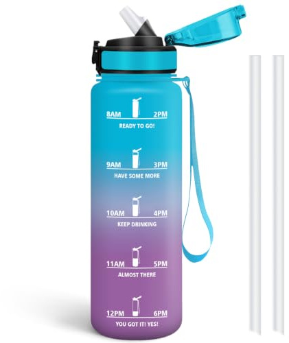 Borraccia con Cannuccia, 1 Litro BPA Free, Borraccia Palestra, Scala Temporale, Borracce Motivazionale, con Bocca Larga e Coperchio Antigoccia, Bottiglia Acqua, Ideale per Scuola, Ufficio, Palestr