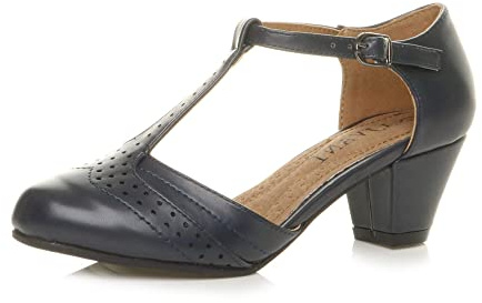 AJVANI Womens Ladies mid Cuban Heel Cut Out T-bar Mary Jane Comfort Grip Sole Brogues Sandals Shoes Size