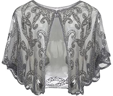 ArtiDeco Women's 1920s Shawl Sequin Beaded Art Deco Evening Cape Vintage Shawl Wraps (Gray)(Size: Free)