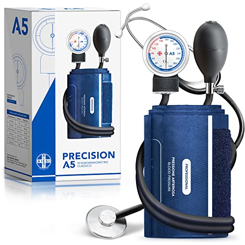 AIESI® Sfigmomanometro Manuale professionale aneroide modello classico per adulti con stetoscopio piatto PRECISION A5, Garanzia Italia 24 mesi