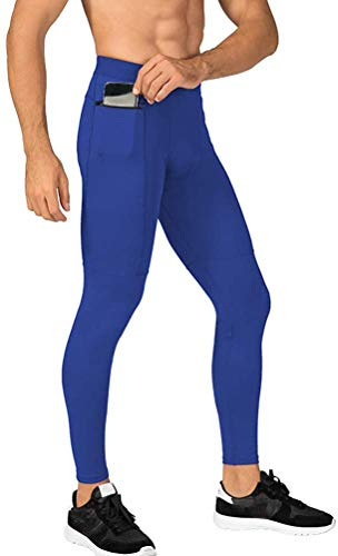 MakingDa Men's Jogger Sports Compression Pants, Workout Active Running Tights Leggings, Cool Dry Technical Training Baselayer Cycling Yoga with Zip Pocket（Blue，M）