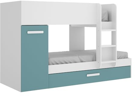 DEKIT GRUPO RIMOBEL TOM - Cama trem con armario y cama arrastre - Blanco/Esmeralda - 150 X 244 X 112