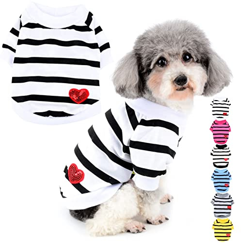Zunea Magliette per Cani Piccola Taglia Estiva T-shirt Base a Righe Vestiti per Cuccioli con Paillettes Amore Cuore Felpa Morbido Cotone T-shirt Pullover Camicie Chihuahua Abbigliamento Bianco M | Manica corta, traspirante, design a maglione, abbigliamento base estivo per cuccioli, chihuahua, Yorkie, Carlino