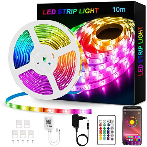 Amnossi Tira de luces LED RGB de 10 m, cambio de color con mando a distancia, control de aplicaciones, modo de música, ajuste de temporizador, banda LED para casa, dormitorio, TV, decoración
