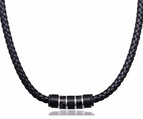 David Galvani Herren-Kette mit Bead-Anhänger aus Edelstahl, Halskette für Herren, Edelstahl, Kugel, Lederkette,Leder geflochten (Schwarz, 45)