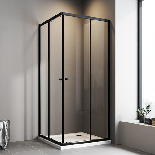 Duschkabine 75x75 cm Schwarz Schiebetür Eckeinstieg Duschkabine mit Schiebetüren 6mm ESG Glas Duschschiebetür Eckeinstieg Duschabtrennung Duschwand Höhe 185cm