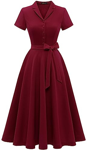 Wedtrend Cocktailklänning i vintagestil för kvinnor, A-linje, midilängd, V-ringad aftonklänning, eleganta fritidsklänningar, Burgund, XL