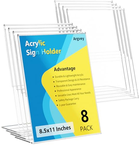 8 Pack Acrylic Sign Holder, Clear 8.5 x 11 Inch Slant Back Vertical Sign Holder, Tabletop Plastic Paper Picture Frame Flyer Document Display Stand for Home, Office, Restaurants, and Stores