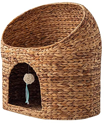 SIDID Katzenkörbchen Katzenhöhle Handgewebt Wasserhyazinthe Rattan Katzenhöhle Katzenhütte Katzenbett mit Liegedach Haustierbett für Hunde und Katzen, 56x40x56 cm