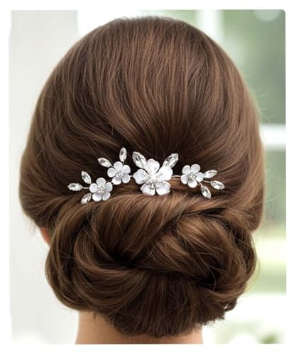 Flayem Kristall Haarnadeln für die Braut, 4 Stück, Weiße Blumen Design, Silberfarbig