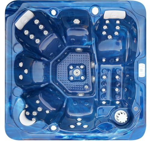 SANOTECHNIK Outdoor Whirlpool Oasis Maxi Blue Marble, 6 Personen, 52 Düsen | Mit 5 Sitzplätzen und 1 Liegeplatz, 18 LED-Lichtern, Bluetooth, Ozondesinfektion, Frostschutz, Abdeckung und Stiege