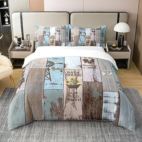 Rustikale Bauernhaus Kabine 100% Bio-Baumwolle Bettbezug,Retro Windmühle Dekor Bettwäsche Set 200x200,Western Holz Scheune Tröster Abdeckung,Bauernhof Tier Bett Sets mit 2 Kissenbezüge Zimmer Dekor