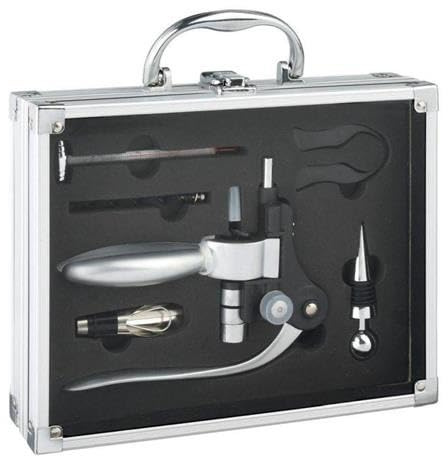 Avilia Vino Sommelier 6 Pezzi - Cavatappi Acciaio Inox, Termometro, Tappi - Valigia Alluminio - Set Accessori Vino Professionale - 27.50 x 21.5 x 7 cm