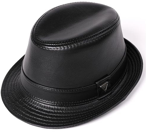 VKEID Herren Lederhut Herbst- und Winter-Herren-Bowlerhut mittleren Alters und ältere Menschen im Freien mit Lederkappe Hüte für Männer (Color : Black, Size : XXL)