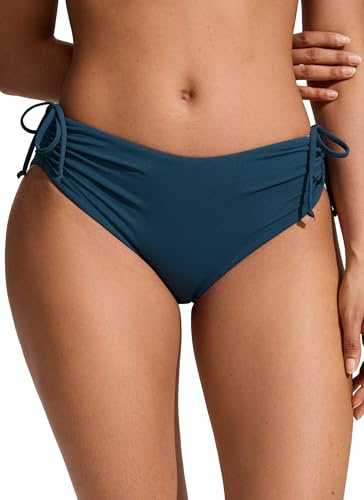 CRZ YOGA Mid Waisted Ruched Bikini Bottoms for Women - Full Coverage Bathing Swimsuit Adjustable Side Tie Swim Briefs Insignia Blue Small
