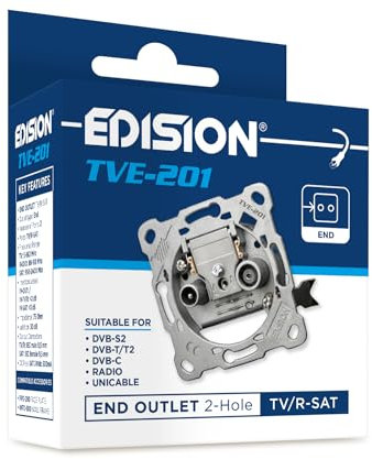 EDISION Antenna Socket Satellite Universal TVE-201, Terminal Socket Flush-Mounted 2-Hole Suitable for DVB-S2, Unicable, DVB-T/T2, Cable DVB-C, Radio, FM, DAB+, DC Pass, 2 Outputs