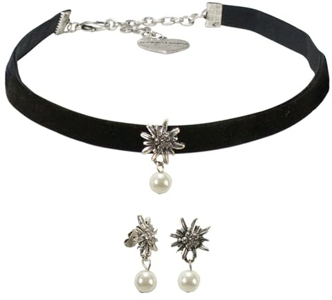 Alpenflüstern Trachtenschmuck-Set Trachten-Samt-Kropfband und Ohrhänger Strass-Edelweiß - Damen-Trachten-Schmuck, Trachtenset Trachtenkette und Trachten-Ohrringe (in schwarz oder creme-weiß) SET060