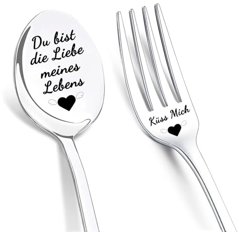 LIHIQIYA Kleine Kaffeelöffel für Paare Partner, 2er Kaffeelöffel und Gabeln mit Gravur, Du Bist die Liebe Meines Lebens Jahrestag Geschenke für Sie Löffel mit Gravur Set Geburtstagsgeschenk für Frauen