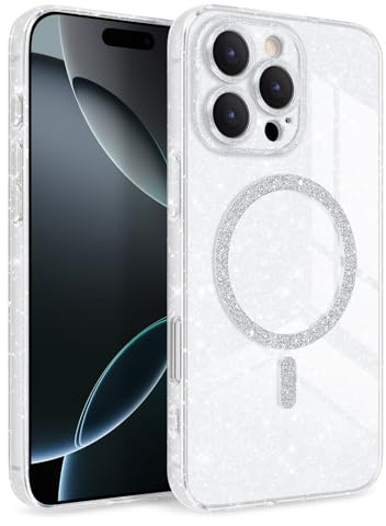 Newseego Glitter Clear Case for iPhone 16 Pro Max [Compatible with MagSafe], Magnetic Phone Case Girls Women Sparkly Bling Slim Shockproof Camera Protection Bumper Cover for iPhone 16 Pro Max-White