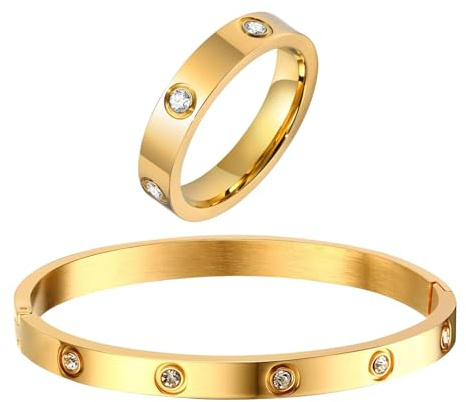 RIXERKOC Anillo Oro y Pulsera de las Mujeres, amor pulsera de la amistad con circonio cúbico, brazalete y anillo de acero inoxidable para el amor, Juegos de Joyas Regalo de Día de la Madre