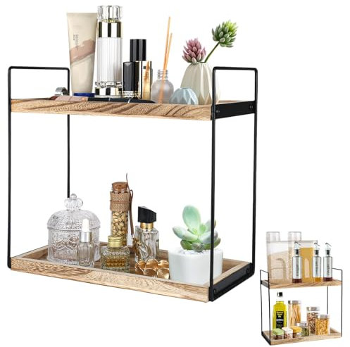 XCDMJ Standregal Badezimmer Organizer,Badregal Ohne Bohren 2 Tier Multifunktionales Gewürzregal Badezimmer Regal Holz Mit Metallgestell, Schreibtisch-Organizer Für Küche, Schminktisch