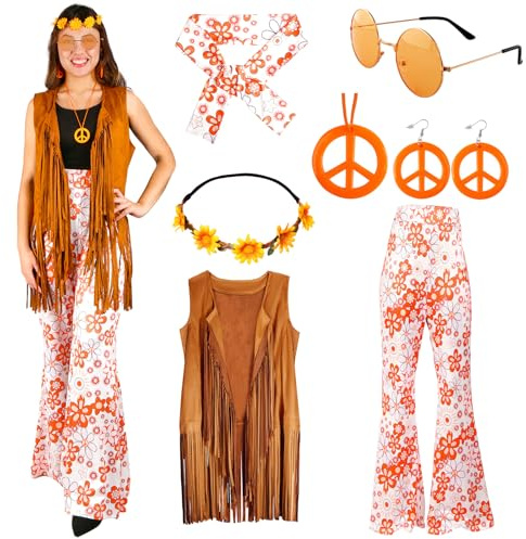 Hippie Kostüm Damen Retro Set-60er 70er Hippie Accessoires Fransenweste Schlaghose Damen Orange Bekleidung Disco Outfit Hippie Kleidung Frau Brille Halskette Faschingskostüm Karneval Kostümparty