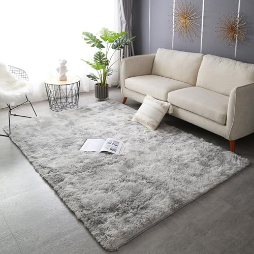 XUEDNGM Shaggy Hochflor Teppich Fellteppich 140 x 160 cm Teppich Weich Teppich Wohnzimmer Hochflor Langflor Waschbar Bis 30 Grad, Super Soft, Anti-Rutsch, Flauschig für Wohn Schlafzimmer, Hellgrau