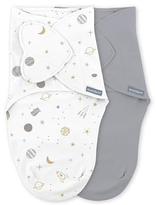 Ingenuity SwaddleMe Baby Pucksack 0-3 Monate, 100% Baumwolle, Verbessert den Schlaf & Beruhigt den Moro-Reflex, für einfaches Windeln, 1,0 TOG, 2er-Pack - Space Sunset