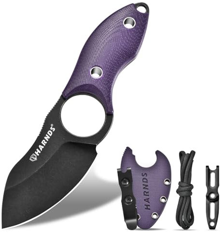 Harnds Couteau à Lame Fixe Couteau EDC Full Tang, Couteaux de cou Avec Lame en Acier D2 et Manche en G10 pour la pêche et l'écorchage, Eggplant
