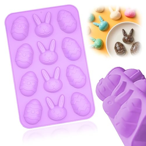 Egg Bunny Shaped Easter Silicone Mold, 12 Cavity Lilac Non-Stick Reusable Candy Jelly Bakeware Tray, Flexible Chocolate Fondant Baking Mould for Easter Treats, 22.5cm