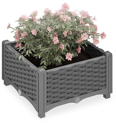 Relaxdays Pflanzkübel, Rattan-Optik, HBT: 23x40x40 cm, Garten, Balkon & Terrasse, Blumenkübel mit Wasserspeicher, grau