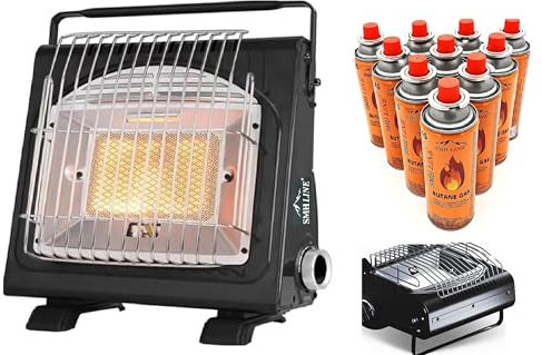 SMH LINE® Chauffage à gaz portable 2 en 1 - Chauffage à gaz pour camping - Chauffage d'extérieur - 1,7 kW - Brûleur + cartouches de gaz butane - Chauffage au gaz avec 8 cartouches de gaz butane -