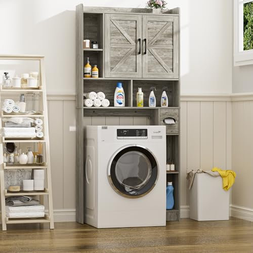 FiveWillowise Armoire de Machine à Laver avec Porte coulissante, étagères réglables, étagère de Machine à Laver avec 4 Compartiments Ouverts et Armoire latérale (Gris)