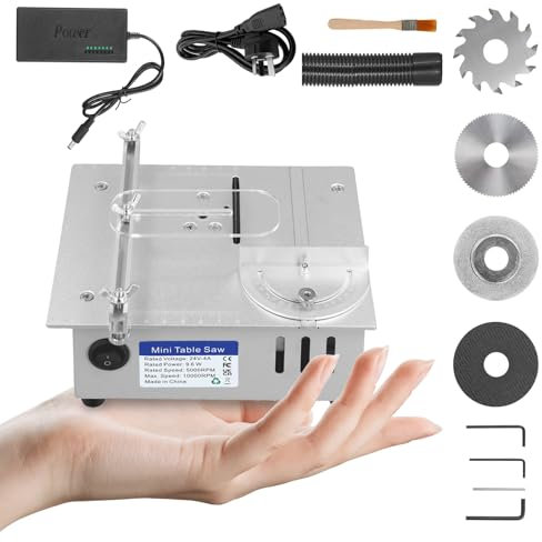 Mini sega circolare da tavolo 96 W, Sega da Tavolo Multifunzione con 4 Lame, 7 Velocità Regolabili, potenza regolabile in altezza, mini sega circolare da tavolo per progetti fai da te